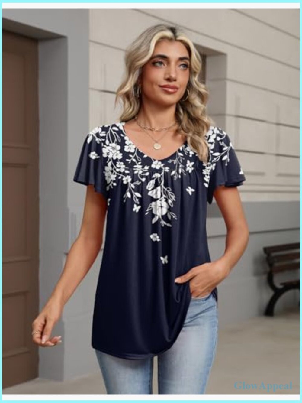 Ruffle Sleeve V-Neck Tunic Blouse, Polyester Spandex, Work Casual Top - Picture 4 of 7